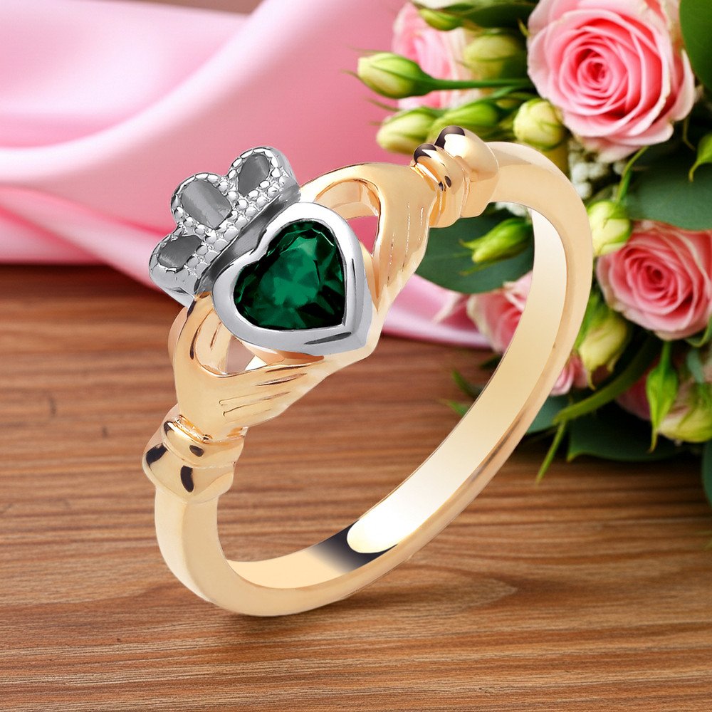 18ct Gold Emerald Claddagh Ring on Solid Sterling Silver  925 Hallmark