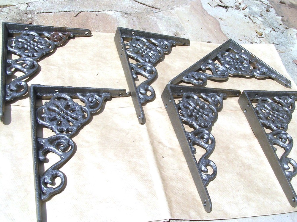 SIX Cast Iron Wall Shelf Brackets, small braces, corbels, Gray