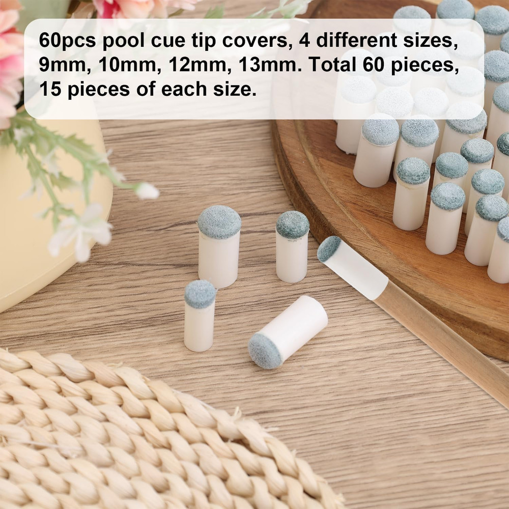 60pcs Slip-On Pool Cue Tips Replacement Kit, 4 Sizes Billiard Stick Ferrules Dur