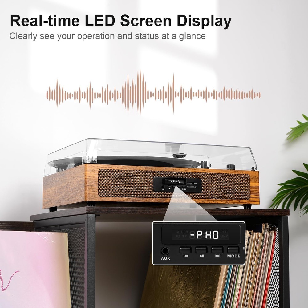 Bluetooth Record Player - 3 Speed Turntable with Built-In Speaker USB Recording