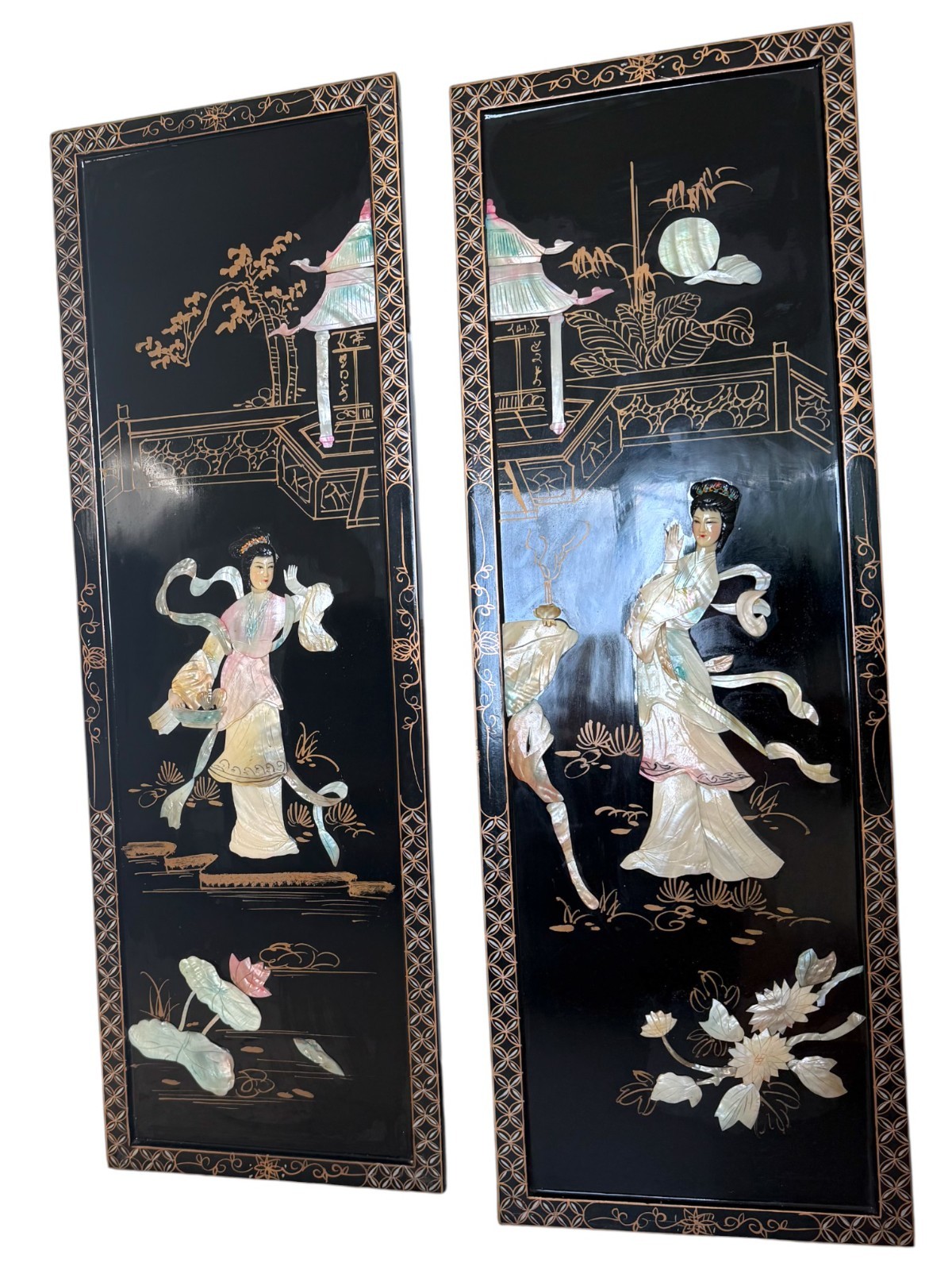 Vintage Chinese Black Lacquer Wall Panels 12x36 Mother of Pearl Inlay Set of 2