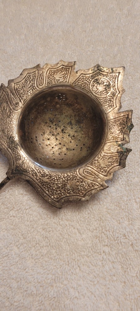Vintage Silverplate Leaf Shaped Tea Strainer Maple Leaf Engraved Curved Handle