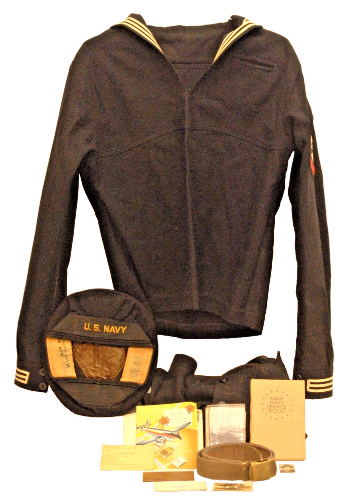 ID'd WWII U.S. NAVY CRACKER JACK UNIFORM, HAT, BELT, DOG TAG, PHOTO'S, CARDS
