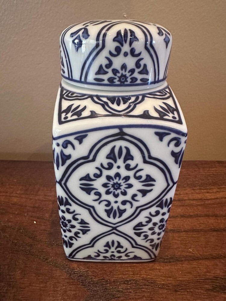Blue and White Patterned Square Ginger Jar
