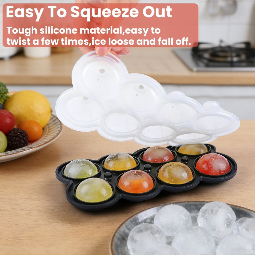 2x Large 8-Cube Ice Tray with Easy-Release Design Round Silicone Ice Cube Tray