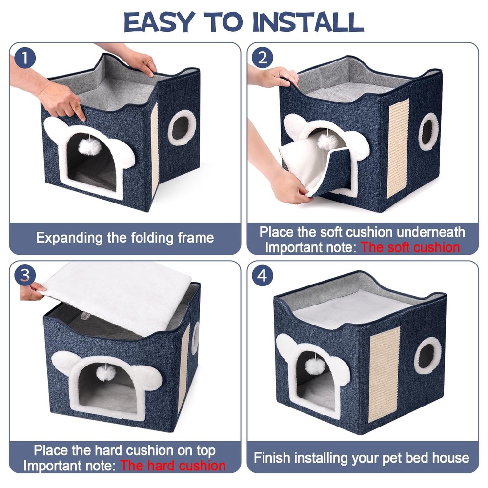 Cat Bed Large Foldable Cat Cave House with Scratch Pad - Indoor, Multi-Cat