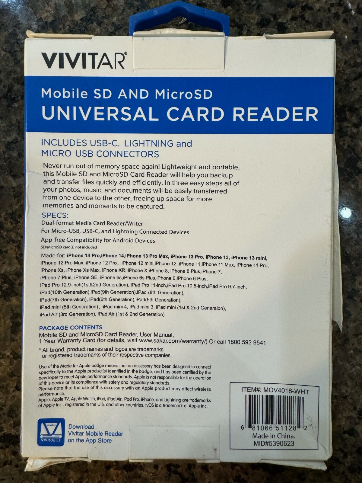 Vivitar Mobile SD and MicroSD Universal Card Reader White MOV4016 V1 Box/Retail