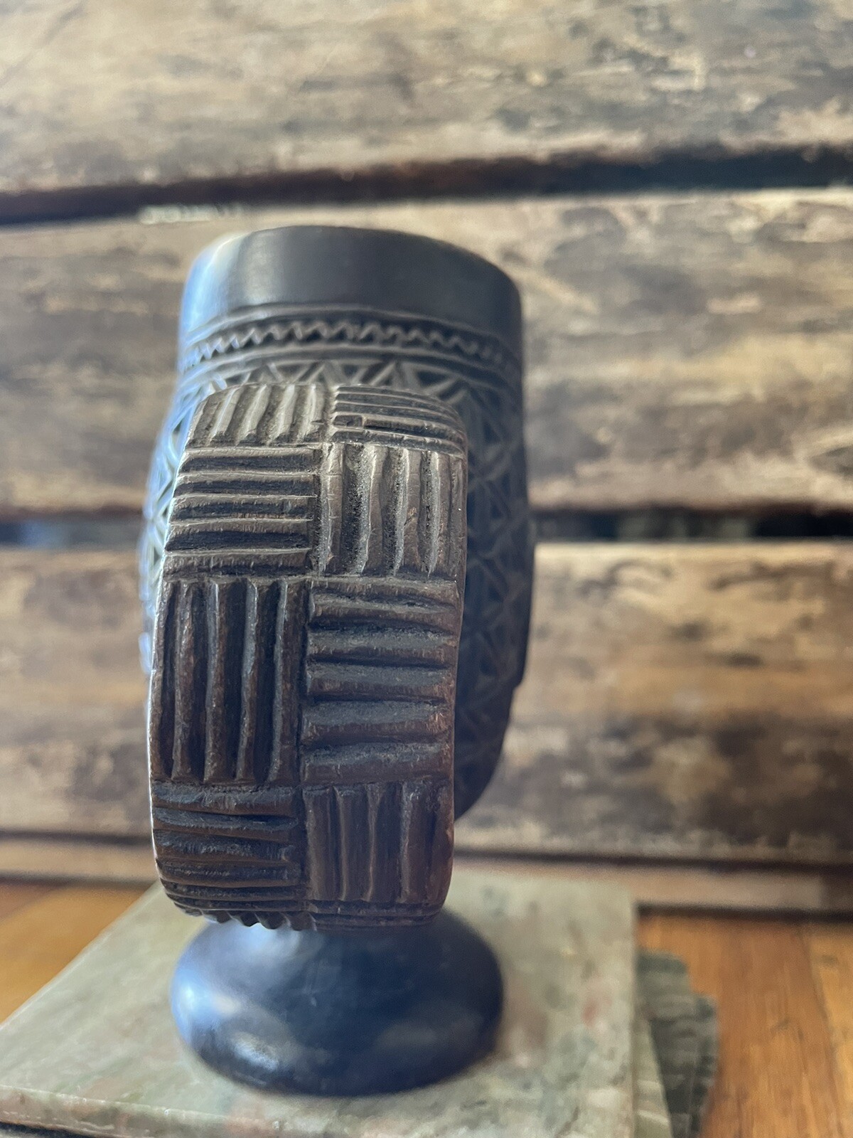 Vintage / Antique African Kuba Cup Wood Carved Palm Wine DRC Ceremonial Signed!