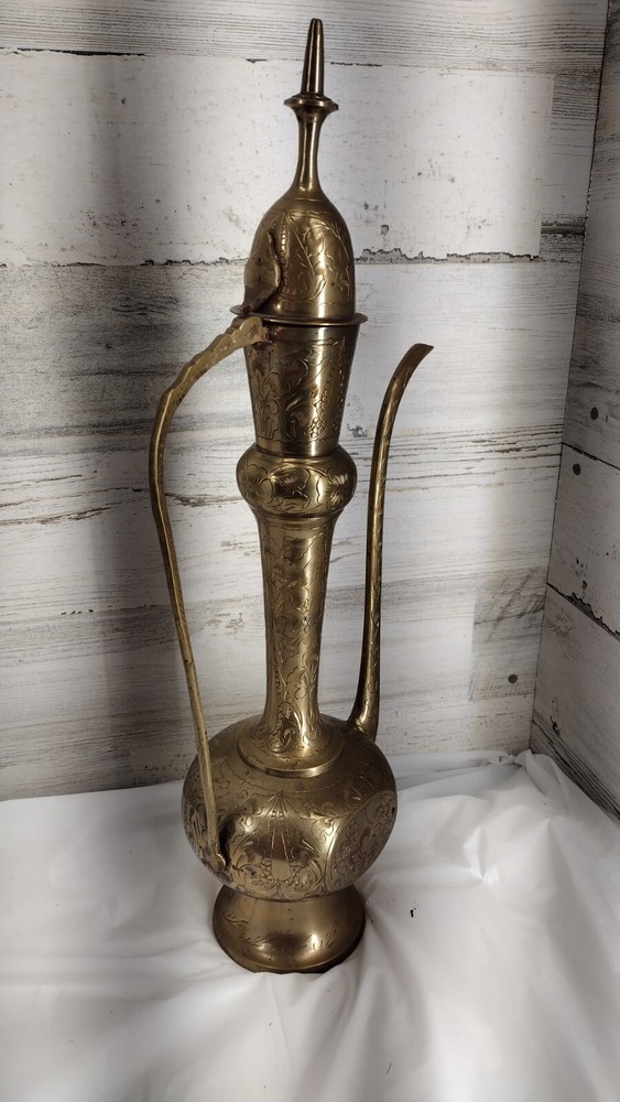 Large Etched Antique Middle Eastern Solid Brass Tea Coffee Pot Pitcher Vase 18IN