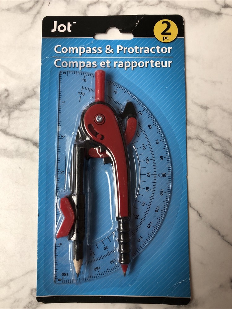 Jot Compass & Protractor Set Red Math Geometry 2 Piece School Supply NEW