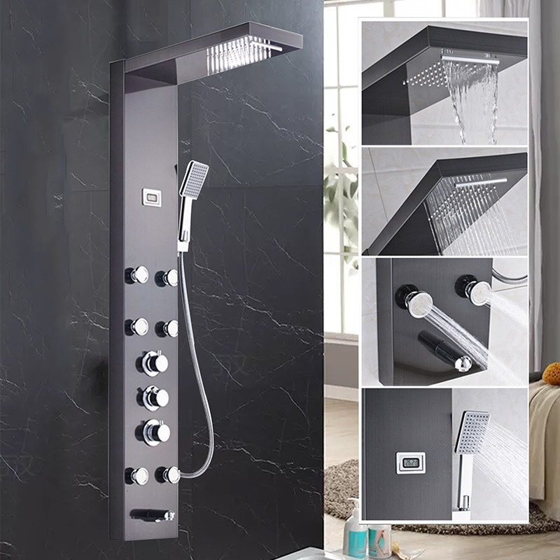 Black Shower Panel Rain&Waterfall Digital Display Handheld Spray Wall Mount Taps