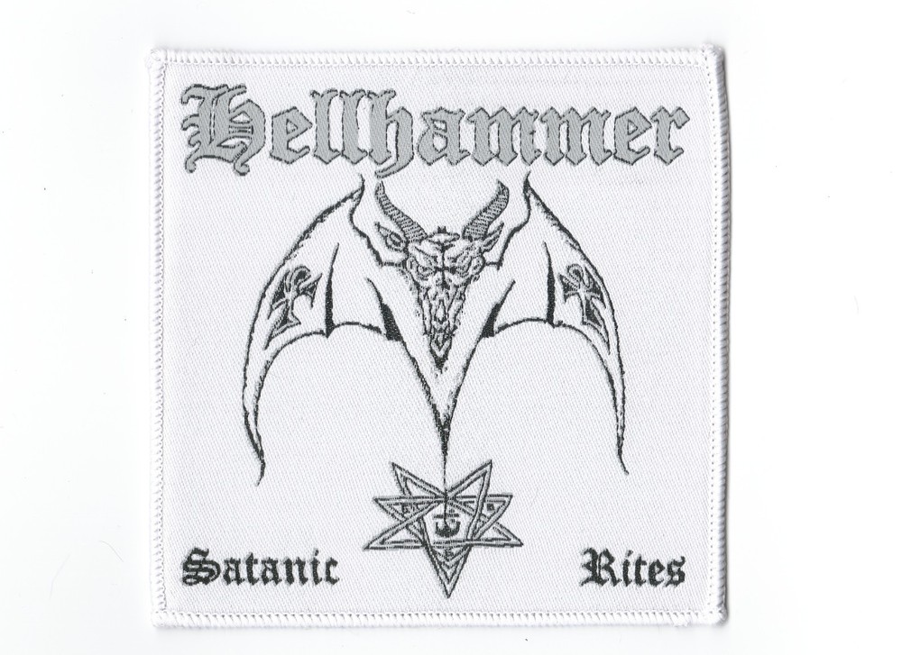 HELLHAMMER, SATANIC RITES, SEW ON WHITE BORDER WOVEN PATCH