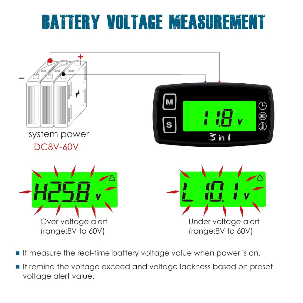 Runleader Digital Engine Temperature Gauge Volt Meter,Programmable Alert Reminde