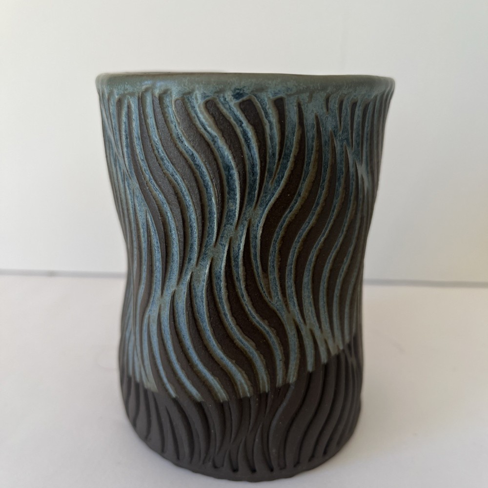 Handcrafted ceramic piece, thumb cup, planter, or small vase with leaf pattern