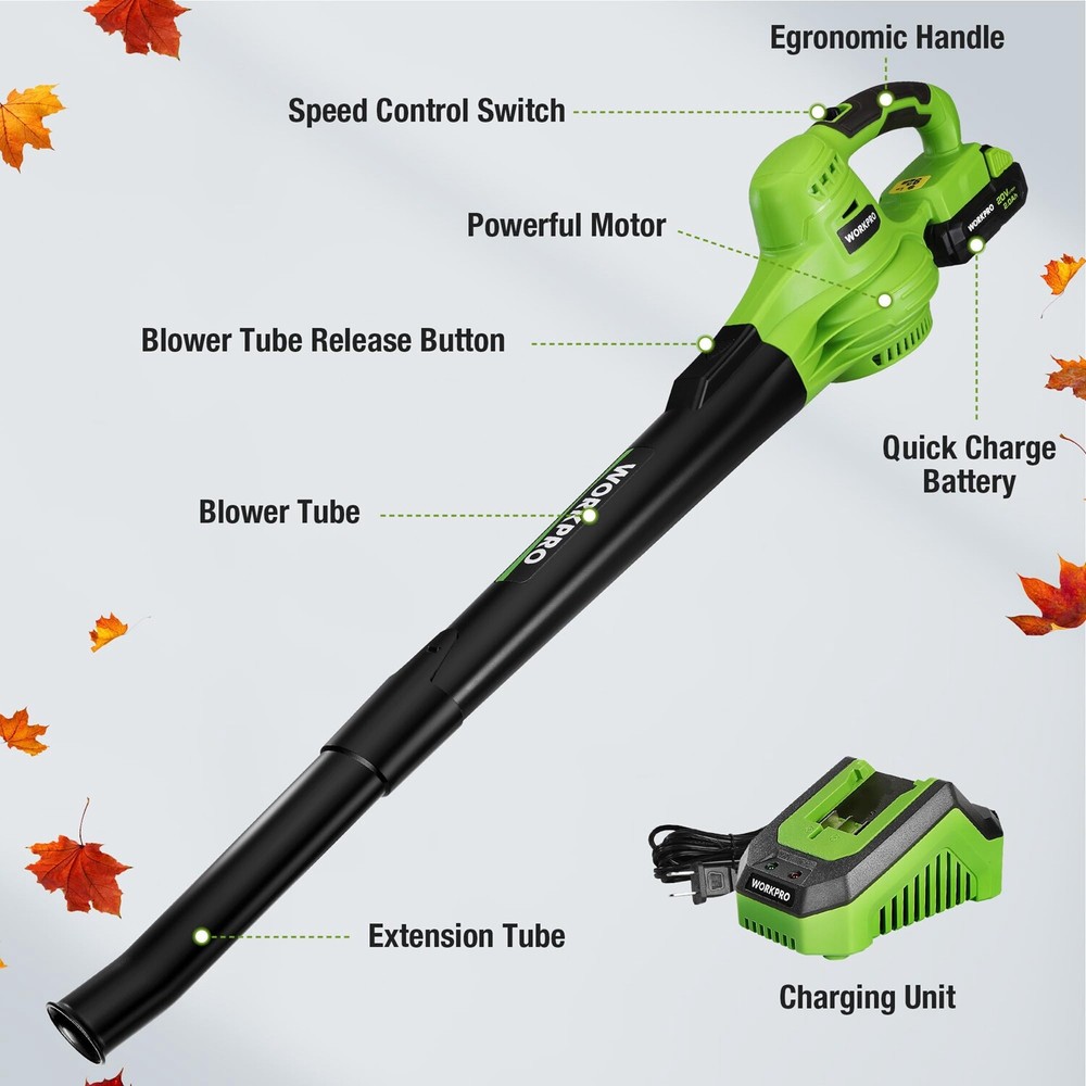 WORKPRO Cordless Leaf Blower, 20V Battery Powered 2-Speed Control Lightweight