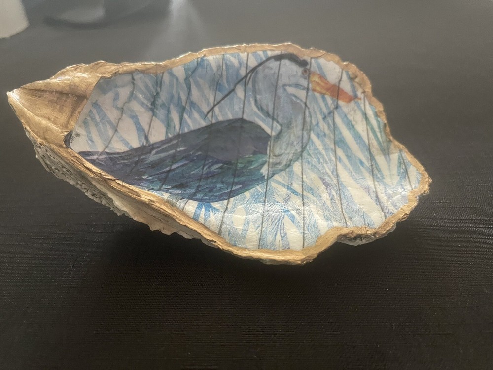 Decoupaged Blue Heron Oyster Shell Trinket Ring Dish