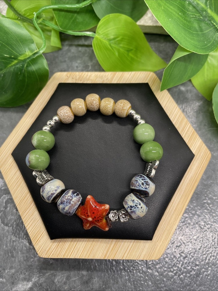 Handmade Ceramic Bead Beaded Stackable 6” Plus Stretch Bracelet New B252