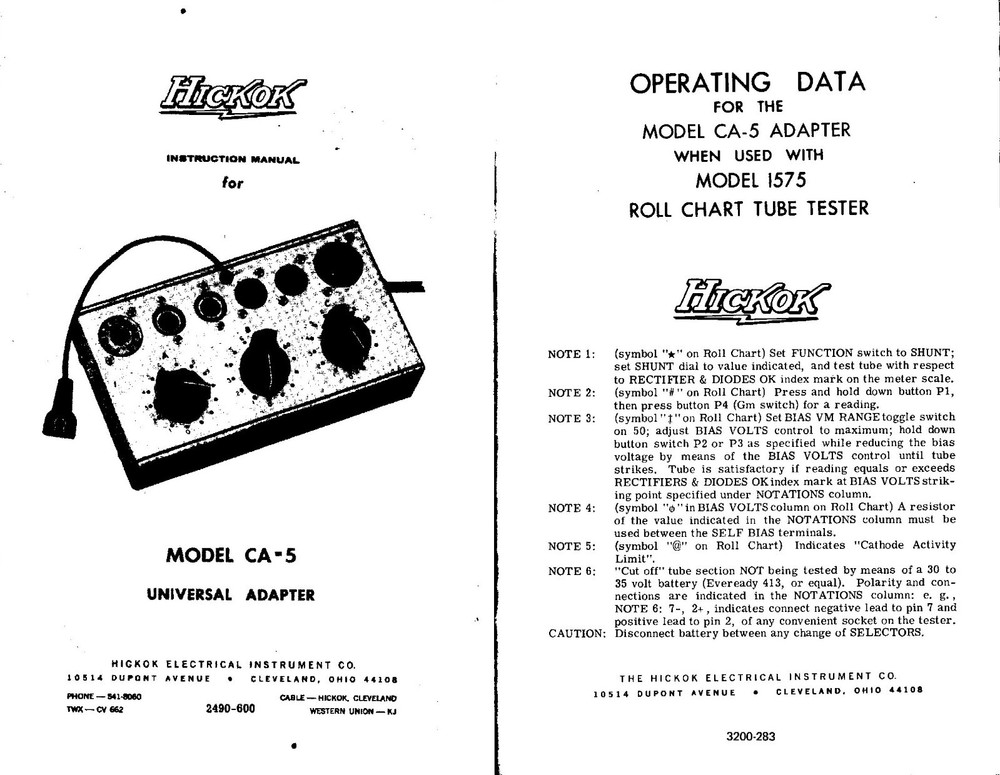 HICKOK CA-5  Instruction Manual & Operating Data With Hickok 1575