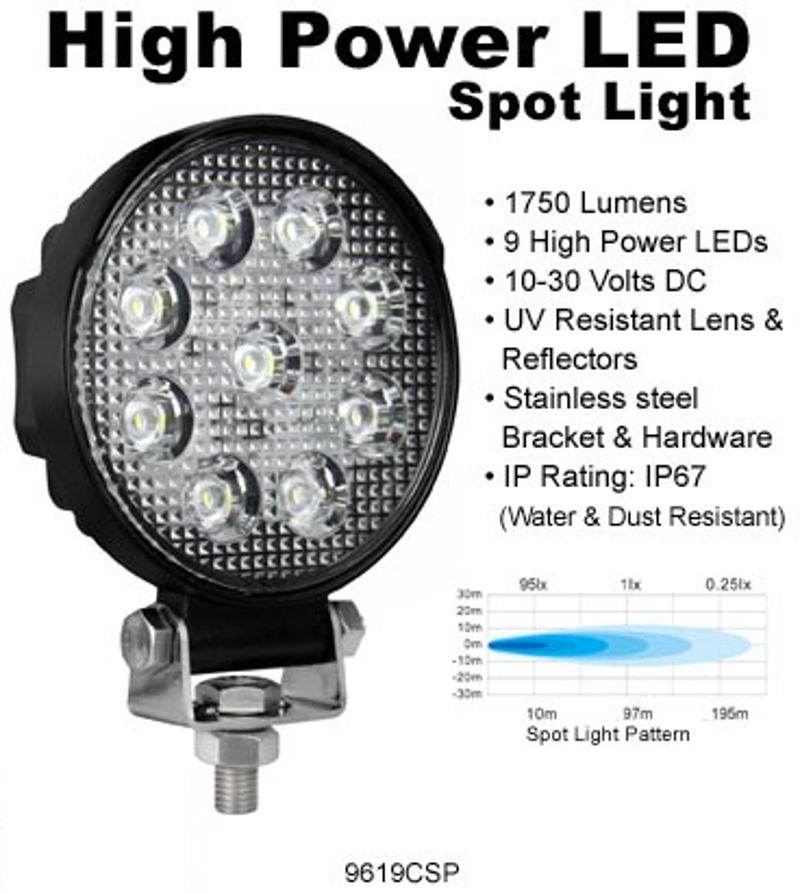 10-30 Volt DC High Power Round LED Work Light With Spot Light Pattern
