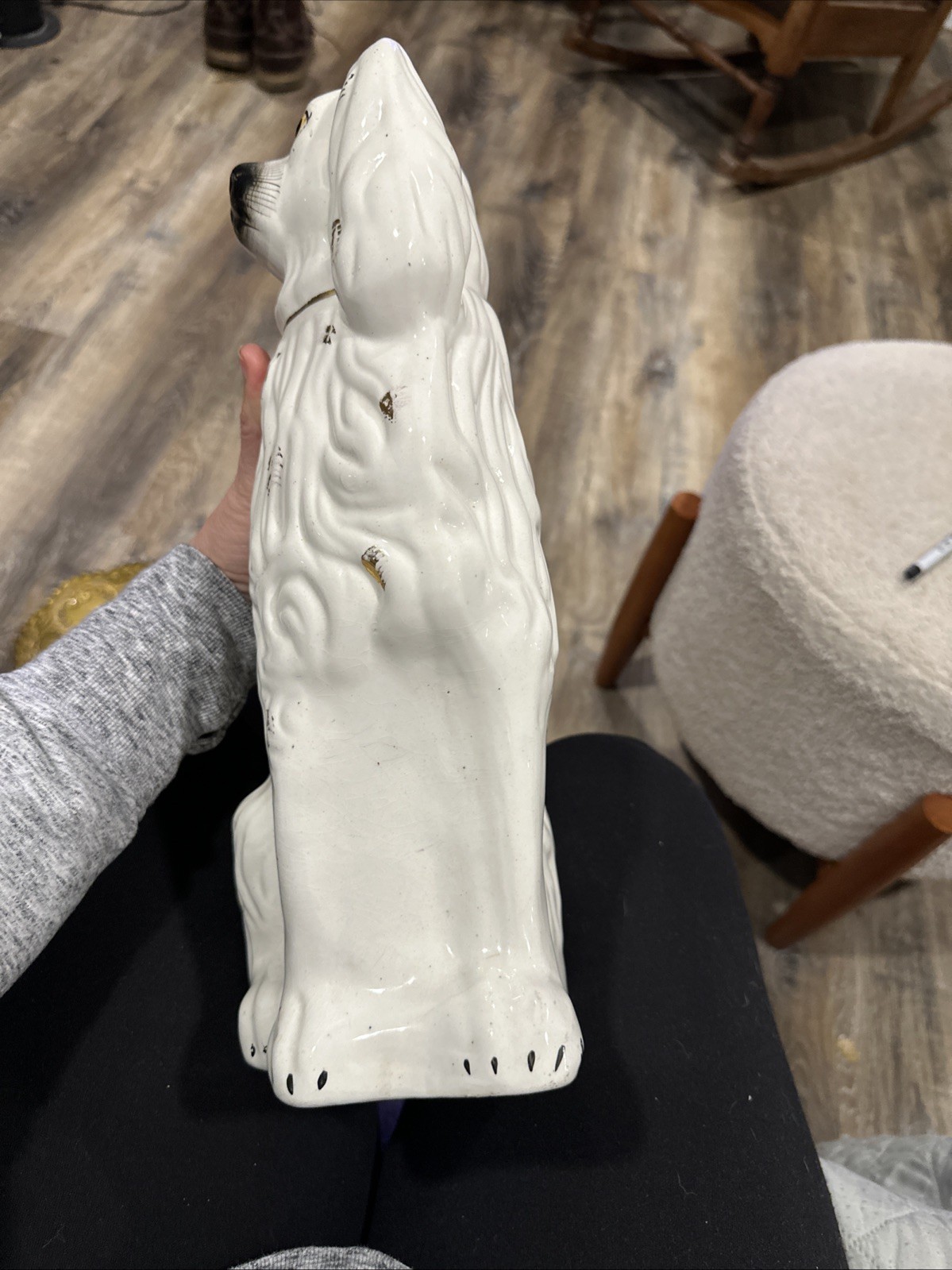 19thC STAFFORDSHIRE WHITE & GILT SEATED SPANIEL DOG Large 15 Inches Tall Rare