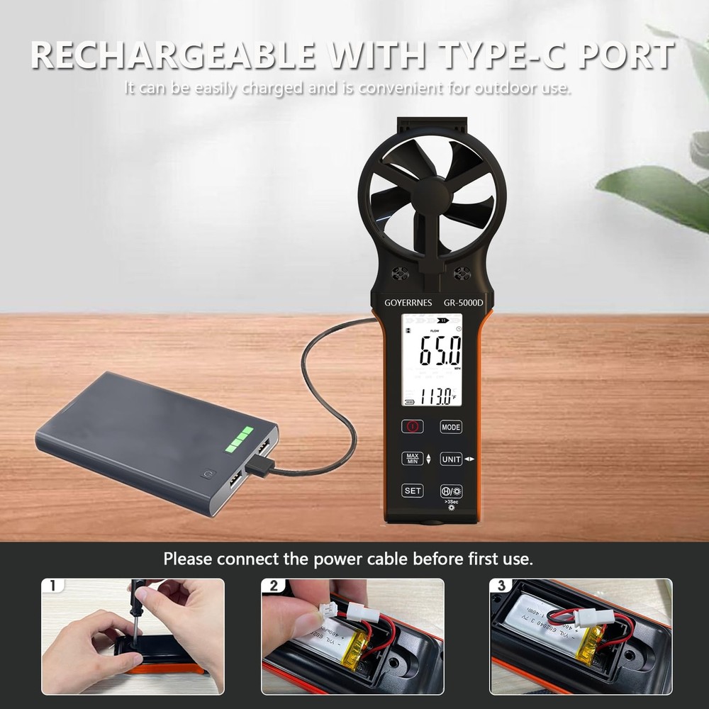 Air Flow & Wind Speed Meter, Handheld CFM Anemometer with Waterproof Touch Bu...