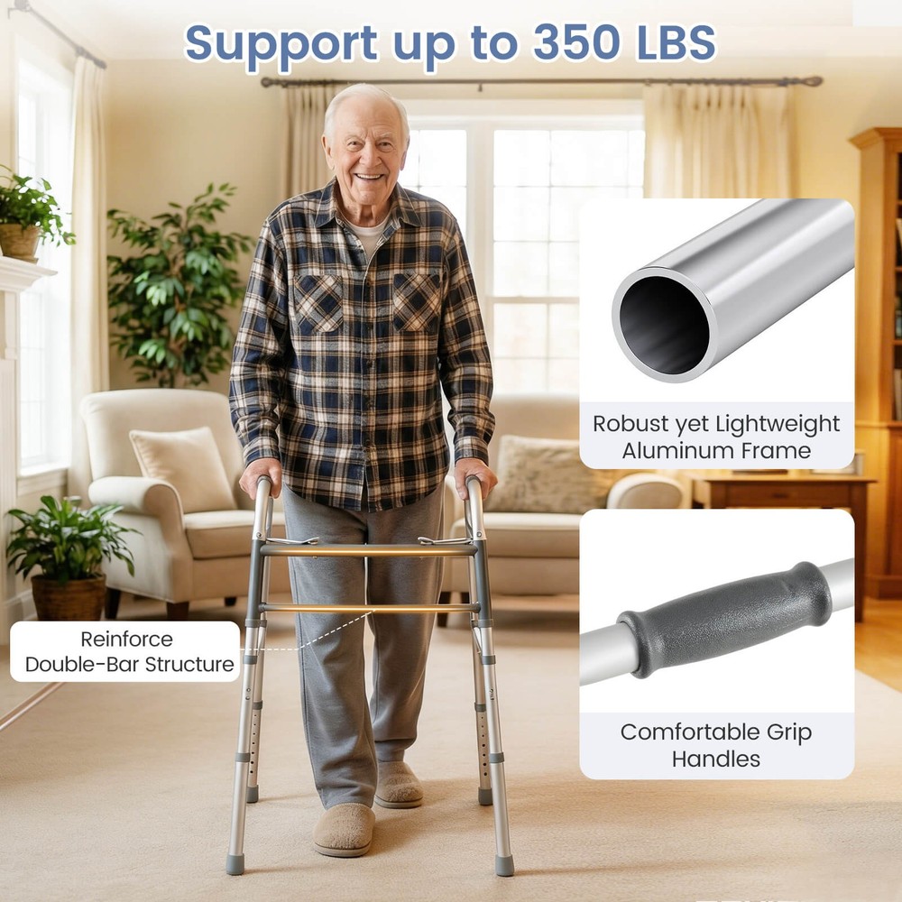 2-Button Folding Walker, 7-Level Adjustable Height, Lightweight Aluminum