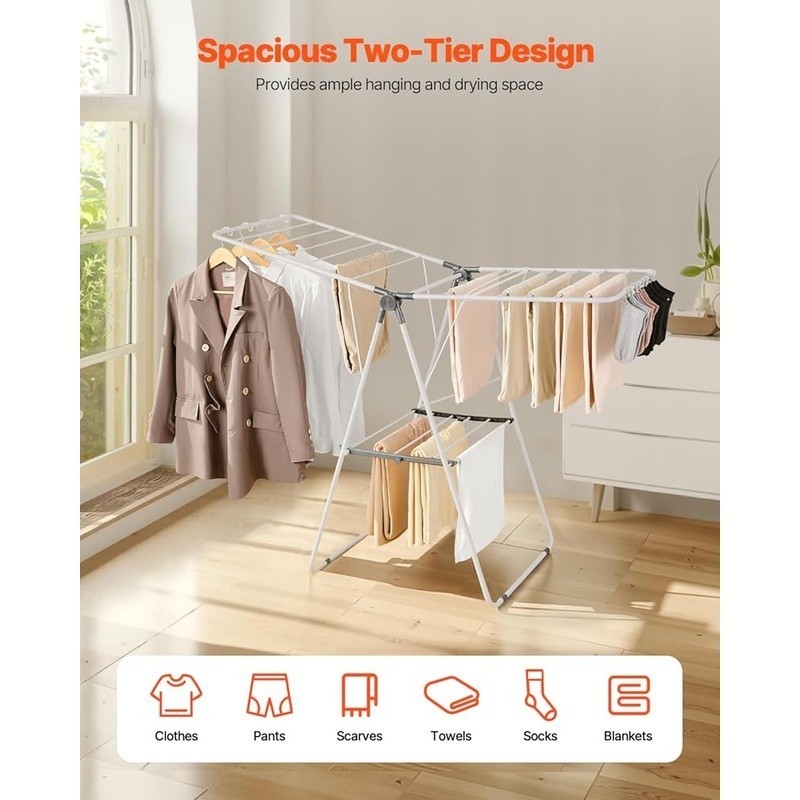 Large Capacity Adjustable Drying Rack W/ 21 Rods Foldable Design & Sock Clips US