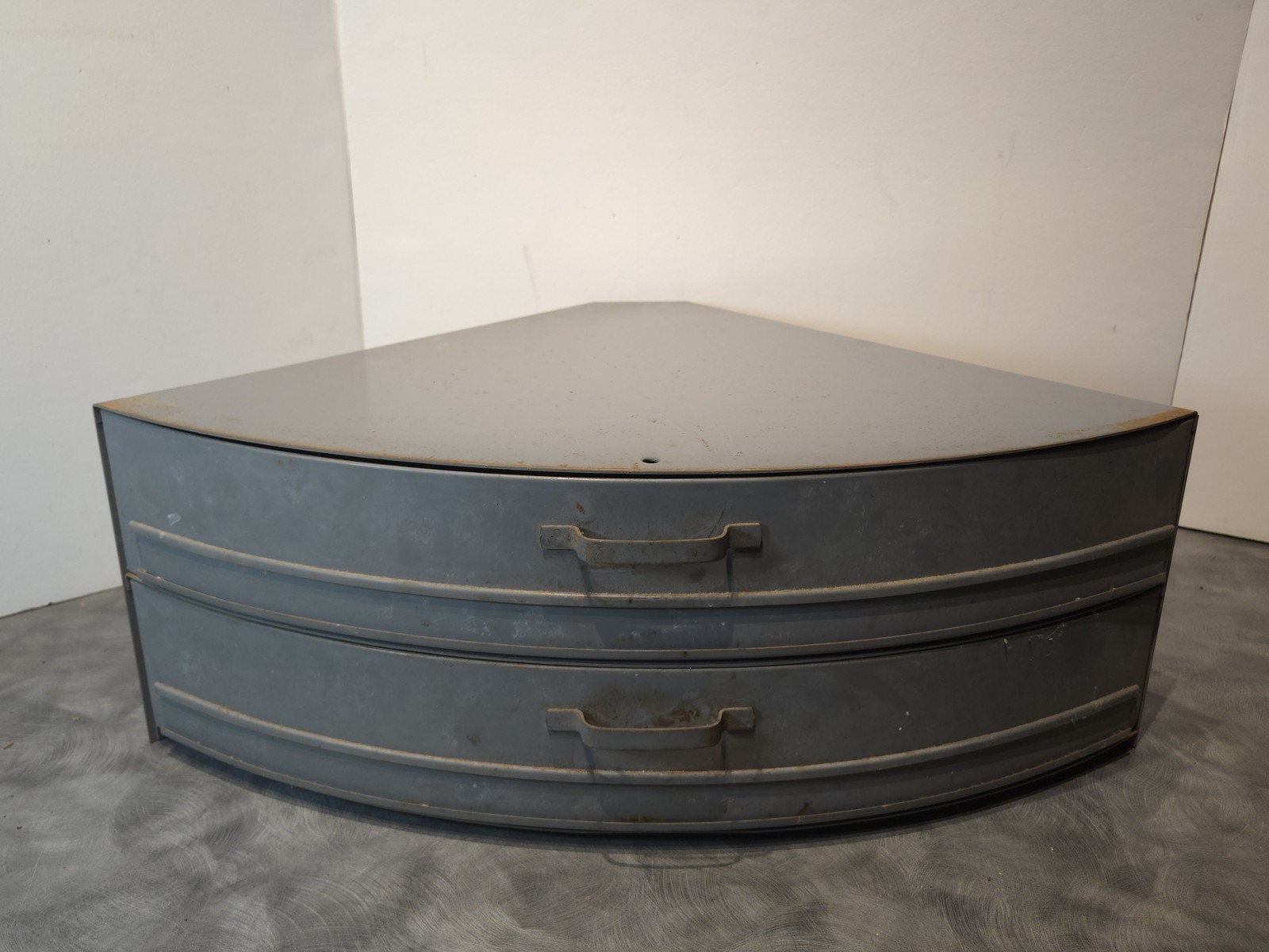 Vintage Industrial Metal Pie Shaped Corner Hardware Parts Bin 3 Drawer Cabinet