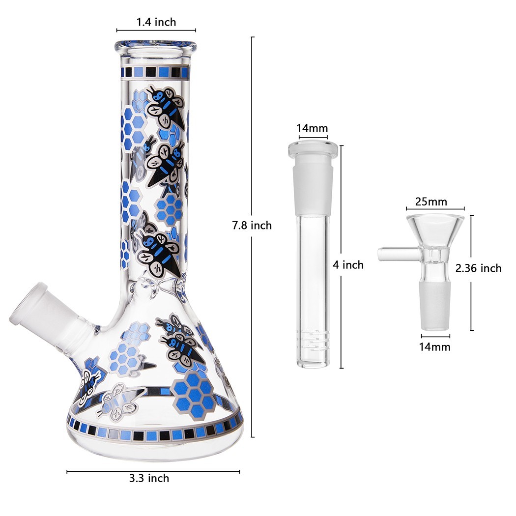 7.8" Honeybee Fluorescent Glass Bong Water Pipe Smoking Tobacco Beaker 14MM