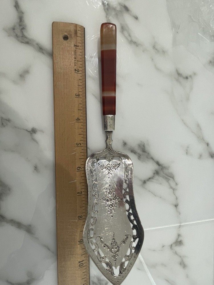 Large Engraved Openwork Fish  Pie Server Agate Handle Dutch 833 Silver 1868
