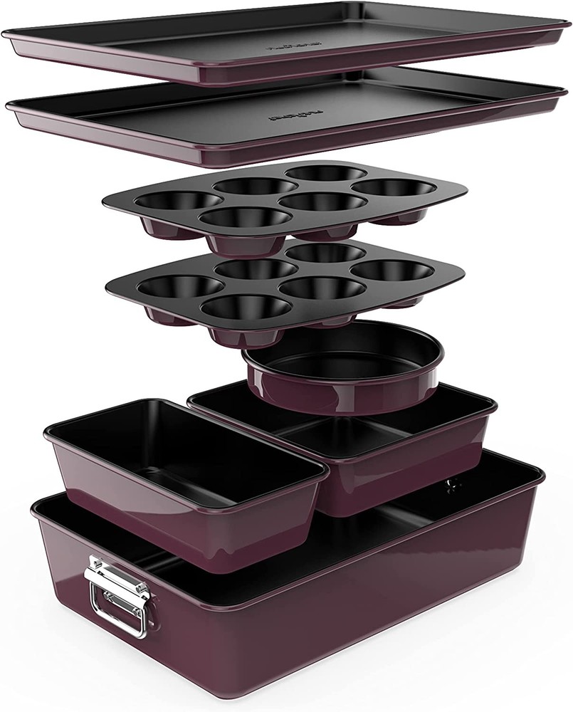 Nutrichef NCBKSTK5 8Pc Stackable Carbon Steel Bakeware-Red