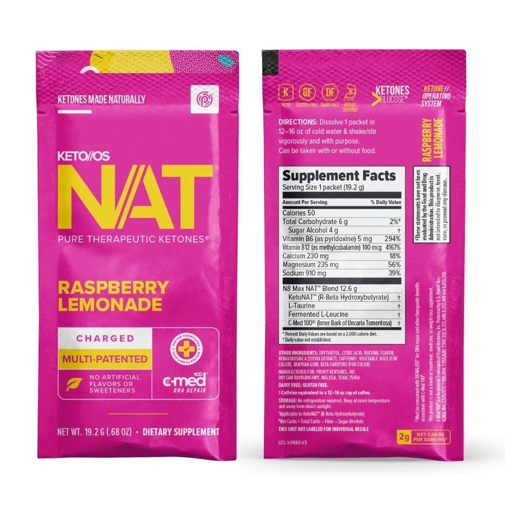 PRUVIT Ketones NAT 20 Packets Charged RASPBERRY LIMONADE