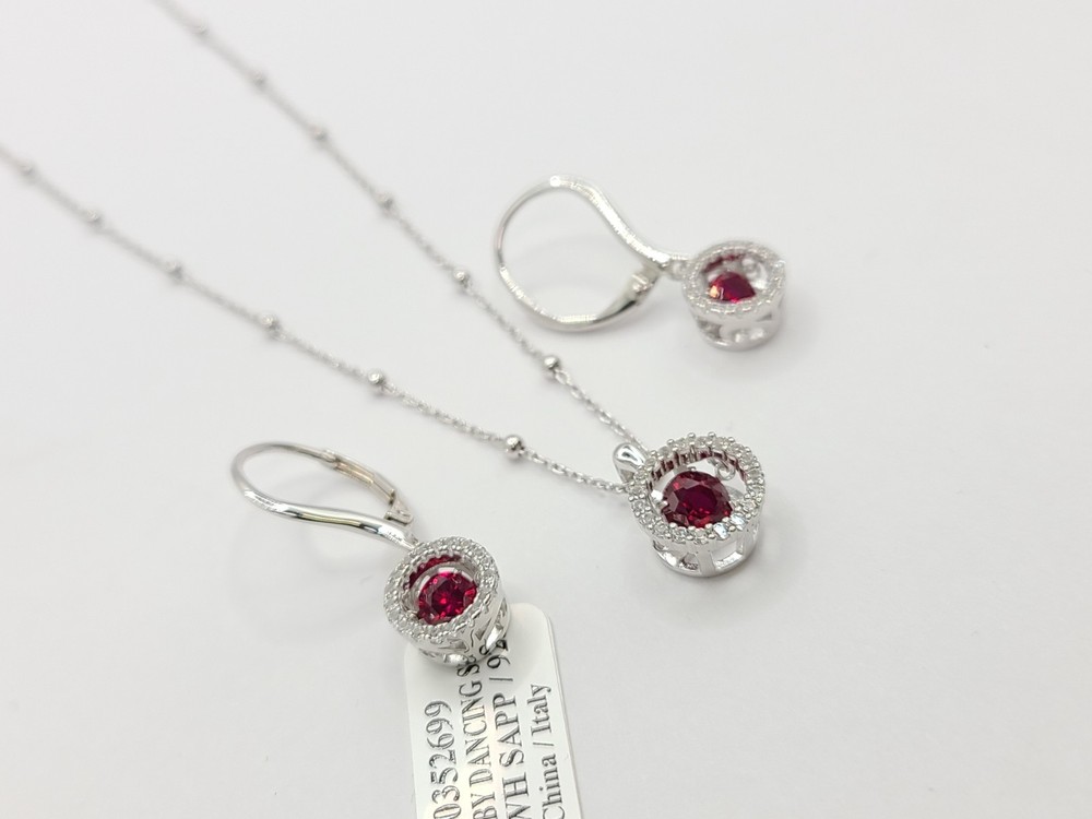 Round Cut Lab Ruby Gemstone Dancing Pendant & Earring Set in Sterling Silver
