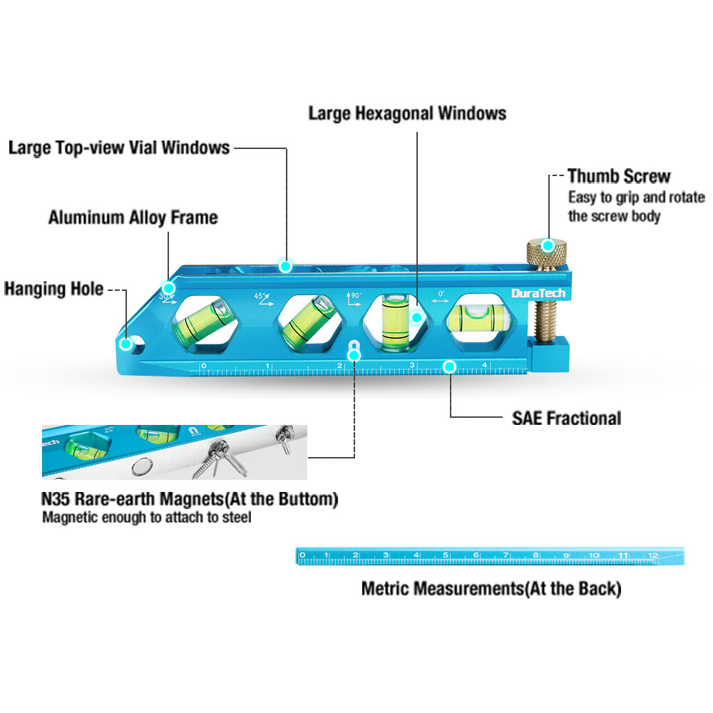 DURATECH 3PC Level Tool Set Magnetic Torpedo 2.5" 6.25" 8" Levels 0°-90° Bubbles