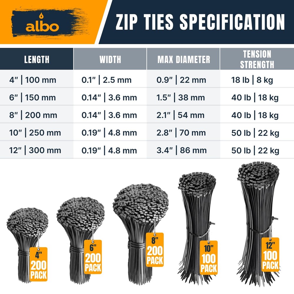 ALBO Black Zip Ties Assorted Sizes 800 800 Pack,