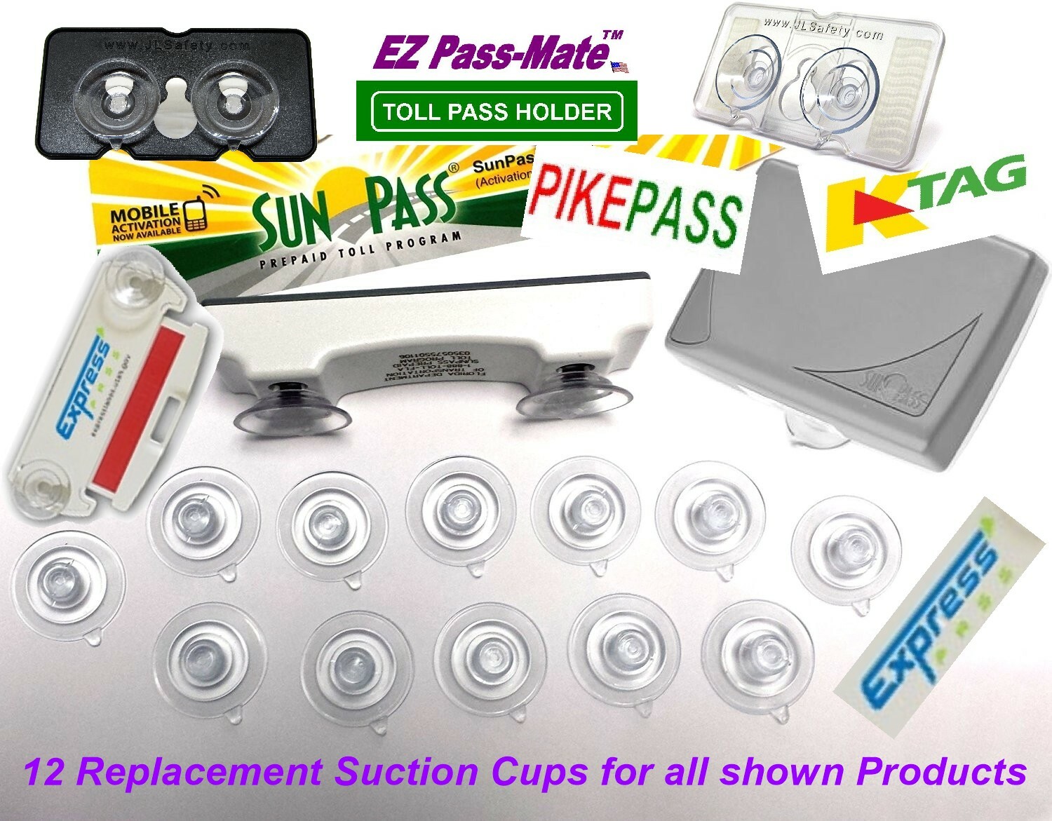 Replacement Suction Cups for SunPass, PikePass, K-Tag & Express Pass. 12 pack