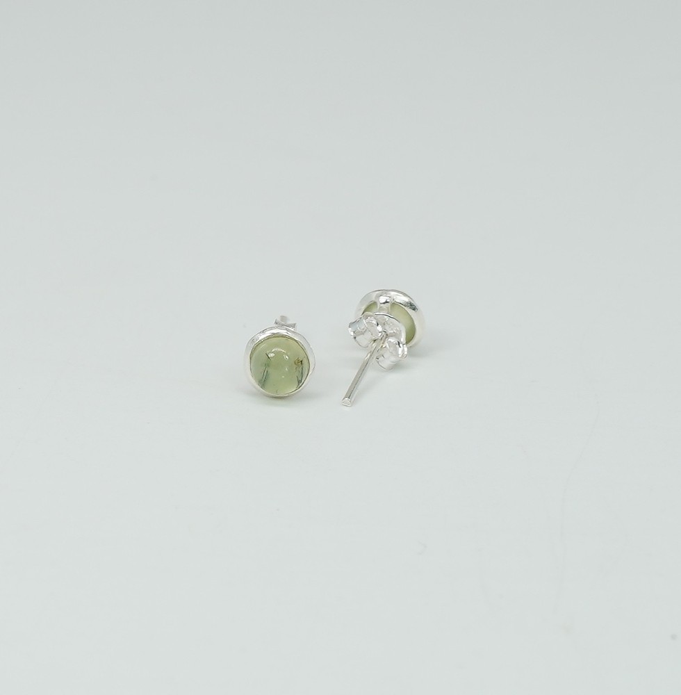 925 Solid Sterling Silver Green Prehnite Round Stud Earring