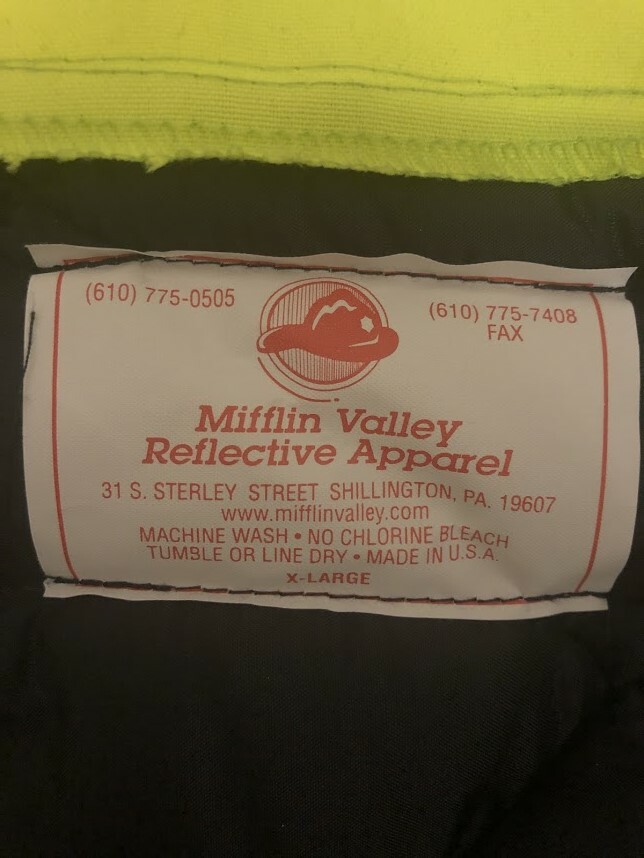 Mifflin Valley Reflective Apparel Jacket Zip Up w/ Lining Size XL