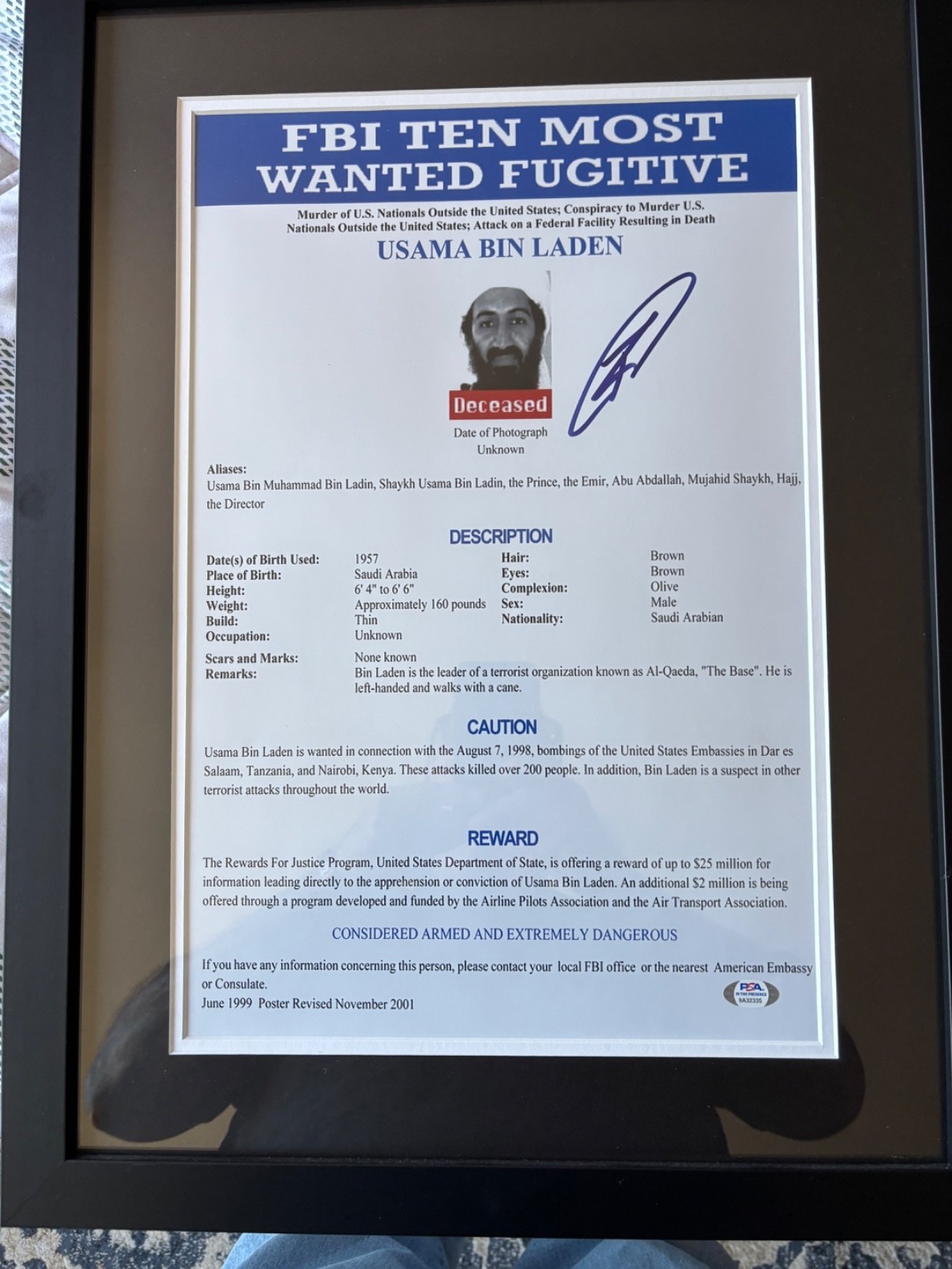 Osama  Bin Laden  Pro Framed Matted :  FBI Poster O’Neil Signed PSA Authentic