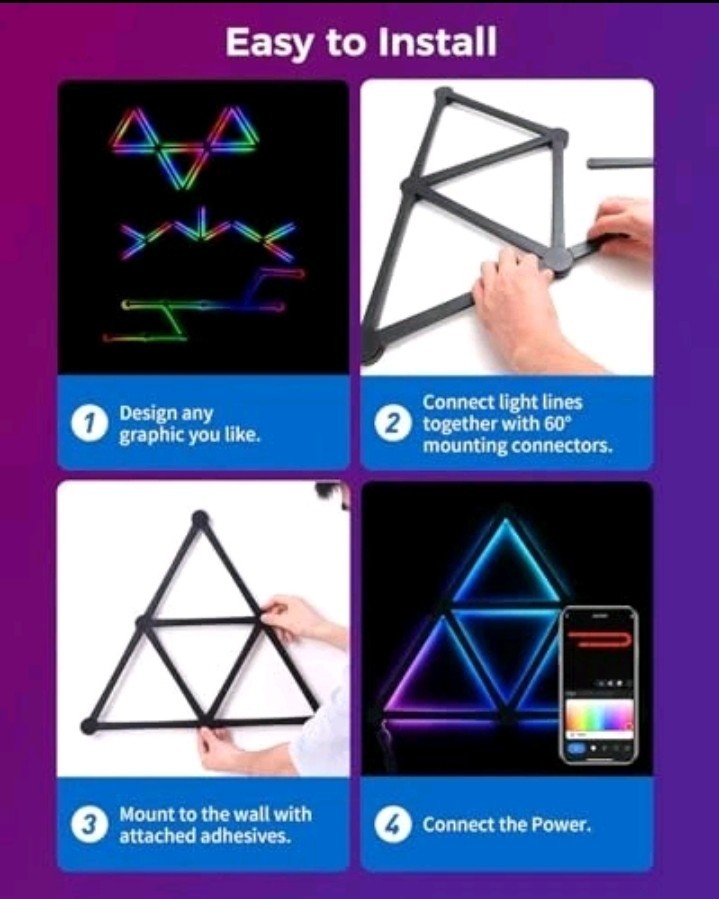 Smart LED Wall Lights Music Sync Voice Control RGB Light Bar 9 Pcs Black.....105