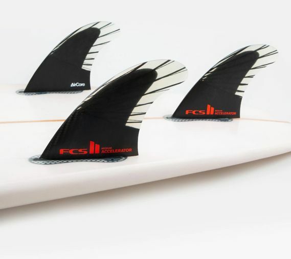 FCS II Accelerator Surfboard 3 Fin Set Performance Core Carbon Medium B/Red New