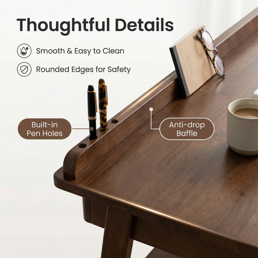 Solid Wood Writing Desk, Mid-Century Modern with 2 Drawers & Shelf