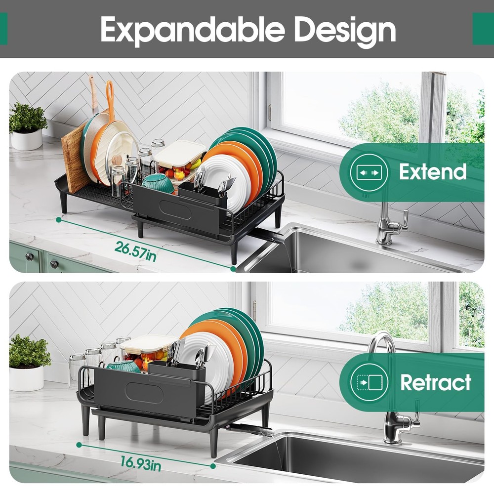 Extendable Dish Drying Rack for Kitchen Counter, Large Expandable Dish Rack w...