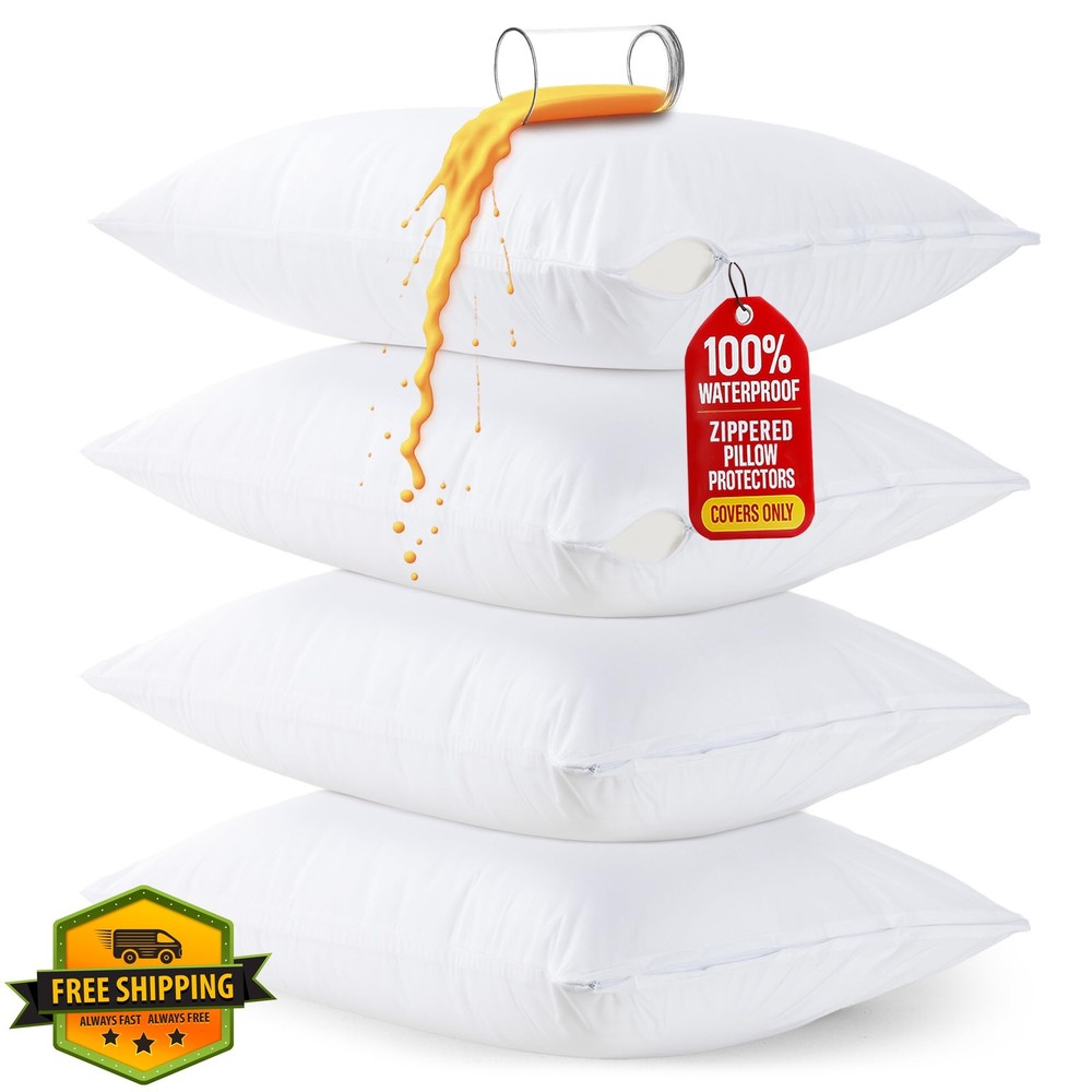 Utopia Waterproof Pillow Protector Queen Zipper 4 Pack White