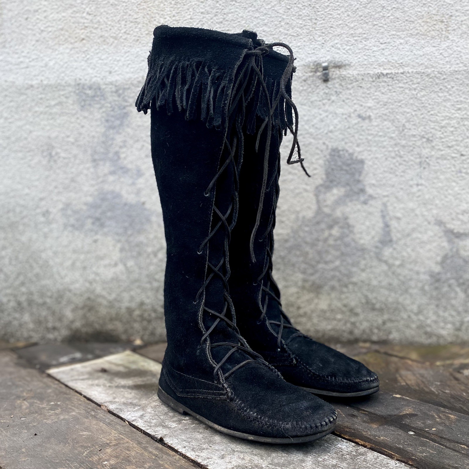 Vintage 1950s Native American Sioux Black Suede Knee High Fringe Boots Moccasins