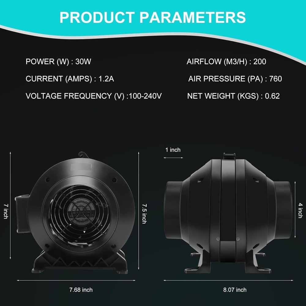 Powerful 4" Inline Duct Fan - 190 CFM, Safe and Durable for Ventilation Needs
