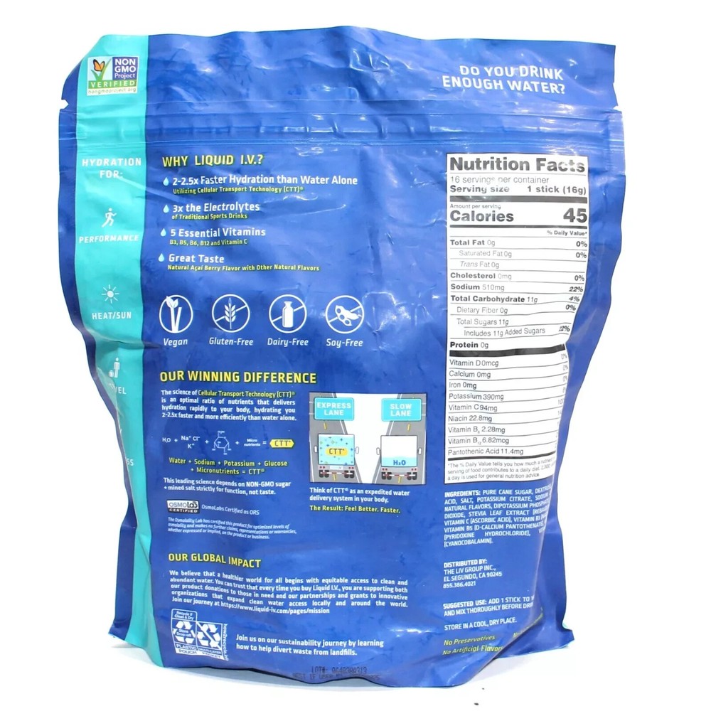 Liquid IV Hydration Multiplier Acai Berry 16 Packets Electrolyte Mix Serving