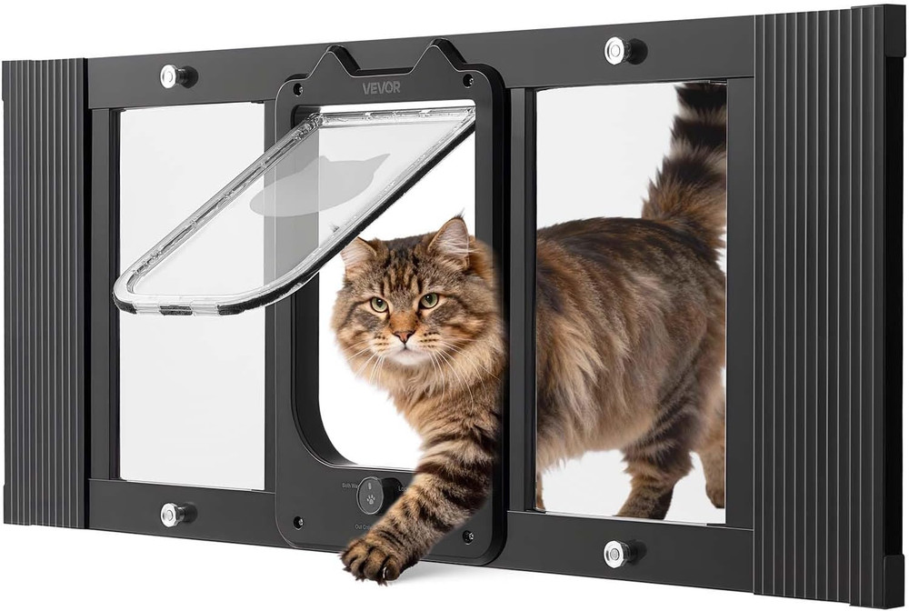 Cat Door for Window, Adjustable to Fit Window Width 31"-36", 4 Secure Lock Modes
