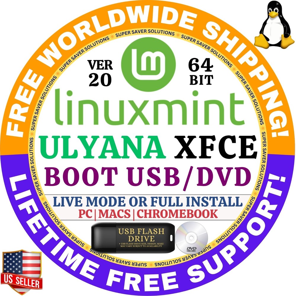 MINT 20 Linux OS Bootable USB Ulyana XFCE 64-Bit Live Boot, Full Install MAC/PC