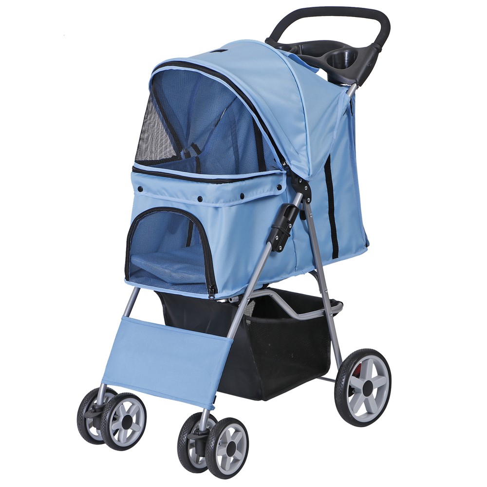 Pet Stroller Dog Cat Foldable Stroller 4 Wheel Carrier Strolling Cart Blue